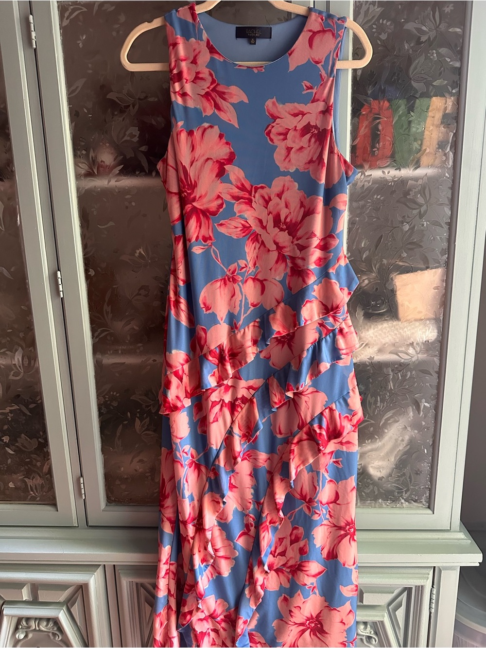 RACHEL Rachel Roy Sleeveless Blue Maxi Dress with Pink Floral Ruffle